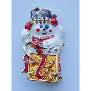 Vintage Christopher Radko Brooch Goldtone Snowman Christmas Enamel Rhinestone